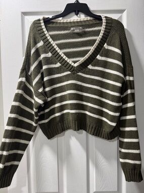American Eagle Outfitters Olive & Cream Striped V-Neck Sweater